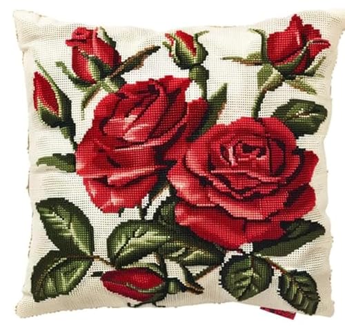 NAHUIGOOD Kreuzstich Stickpackungen Kissen Front Zum Selbersticken Mit Rote Blumen 45X45Cm Stickbild Auf 100% Baumwoll Stoff Und Stickgarn, Stickvorlagen von NAHUIGOOD