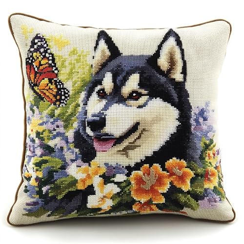 NAHUIGOOD Kreuzstich Stickpackungen Kissen Front Zum Selbersticken Mit Schmetterling, Husky 45X45Cm Stickbild Auf 100% Baumwoll Stoff Und Stickgarn, Stickvorlagen von NAHUIGOOD