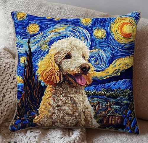 NAHUIGOOD Kreuzstich Stickpackungen Kissen Front Zum Selbersticken Mit Sternenhimmel, Hund 45X45Cm Stickbild Auf 100% Baumwoll Stoff Und Stickgarn, Stickvorlagen von NAHUIGOOD