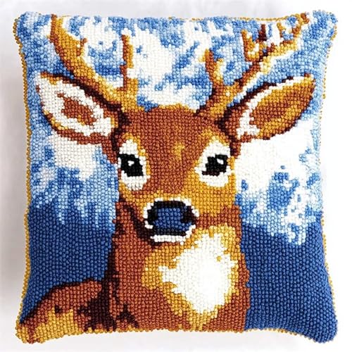 NAHUIGOOD Kreuzstich Stickpackungen Kissen Front Zum Selbersticken Mit Tier Hirsch 45X45Cm Stickbild Auf 100% Baumwoll Stoff Und Stickgarn, Stickvorlagen von NAHUIGOOD