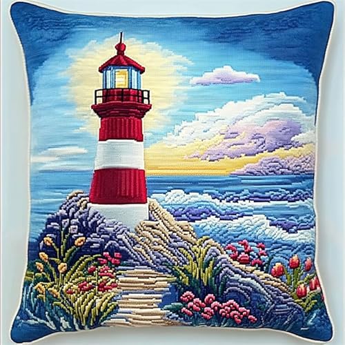 NAHUIGOOD Kreuzstichkissen Stickbildleuchtturmblumen 45X45Cm Vorgezeichnet Kreuzstichpackung Kissen Front Zum Selbersticken Mit Stickbild Auf 100% Baumwoll Stoff Und Stickgarn von NAHUIGOOD