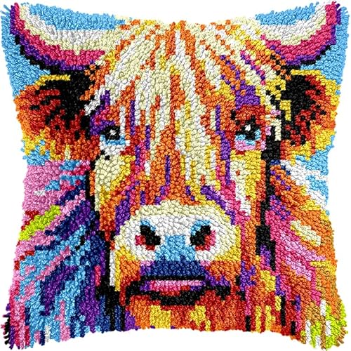 NAHUIGOOD Latch Hook Kissen Kit, Tier Knüpfkissen Set Für Anfänger Erwachsene Oder Kinder Zum Selber Knüpfen,Diy Knüpfteppich Knüpfpackung, Knüpfhaken Set Tier Kuh 43X43Cm von NAHUIGOOD
