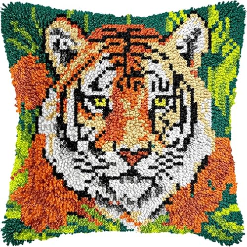 NAHUIGOOD Latch Hook Kissen Kit, Tier Knüpfkissen Set Für Anfänger Erwachsene Oder Kinder Zum Selber Knüpfen,Diy Knüpfteppich Knüpfpackung, Knüpfhaken Set Tiger 43X43Cm von NAHUIGOOD