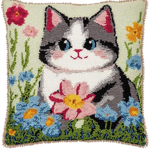 NAHUIGOOD Stick Kit Diy Kissen Kit Kissen Cover Bastelset Gartenkatze 45X45Cm Diy Kissenbezug Für Erwachsene Anfänger, Handnäh Stickset Mit Blumenmustern von NAHUIGOOD