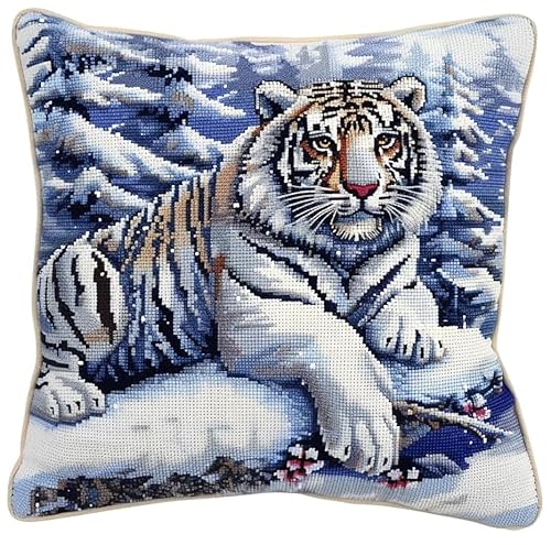NAHUIGOOD Stick Kit Diy Kissen Kit Kissen Cover Bastelset Schneetiger 45X45Cm Diy Kissenbezug Für Erwachsene Anfänger, Handnäh Stickset Mit Blumenmustern von NAHUIGOOD