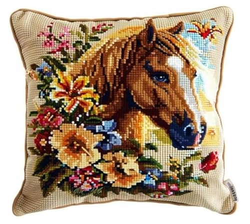 NAHUIGOOD Stickset, Kissenbezug, Blumen, Pferd 45X45Cm Kissenbezug, Bastelsets Für Erwachsene, Anfänger, Handstickerei-Diy-Set, Nähkissenbezug Mit Blumenmustern von NAHUIGOOD