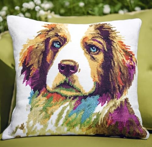 NAHUIGOOD Stickset, Kissenbezug, Golden Retriever 45X45Cm Kissenbezug, Bastelsets Für Erwachsene, Anfänger, Handstickerei-Diy-Set, Nähkissenbezug Mit Blumenmustern von NAHUIGOOD