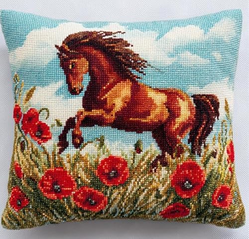 NAHUIGOOD Stickset, Kissenbezug, Laufendes Pferd 45X45Cm Kissenbezug, Bastelsets Für Erwachsene, Anfänger, Handstickerei-Diy-Set, Nähkissenbezug Mit Blumenmustern von NAHUIGOOD