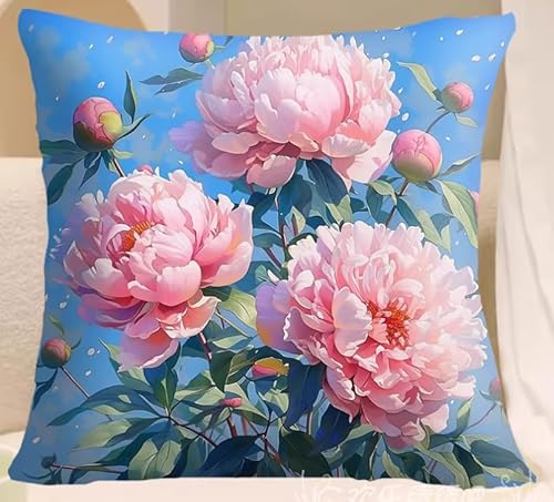 NAHUIGOOD Stickset, Kissenbezug, Rosa Pfingstrose 45X45Cm Kissenbezug, Bastelsets Für Erwachsene, Anfänger, Handstickerei-Diy-Set, Nähkissenbezug Mit Blumenmustern von NAHUIGOOD