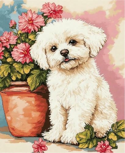 NAHUIGOOD cross stitch kits for beginners,Blumen und Hunde 11CT40x50cm,Kreuzstich Stickpackungen Vorgedruckt Bilder Stickerei Set von NAHUIGOOD