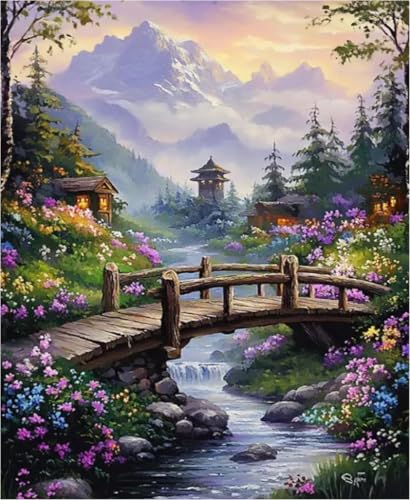NAHUIGOOD cross stitch kits for beginners,Holzbrückenlandschaft 11CT40x50cm,Kreuzstich Stickpackungen Vorgedruckt Bilder Stickerei Set von NAHUIGOOD