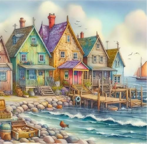 NAHUIGOOD cross stitch kits for beginners,Holzhaus am Meer 11CT40x50cm,Kreuzstich Stickpackungen Vorgedruckt Bilder Stickerei Set von NAHUIGOOD