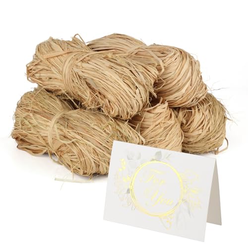 NAIKUDAGE 5 Stück Bast Raffia, 250g Bastband Natur, Bast Natur Bindebast, Florbast Naturbast zum Basteln mit 1 Kleinen Dankeskarte für Geschenkverpackung, Dekoration, Weben, Floristen, Garten von NAIKUDAGE