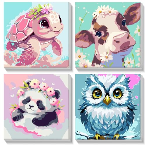 NAIMOER 4 Stück Gerahmt Malen Nach Zahlen Kinde, DIY Tiere Malen Nach Zahlen Kinder Erwachsene, Cartoon Malen nach Zahlen Kits Cartoon Malen nach Zahlen Leinwand für Home Decor 8x8in von NAIMOER