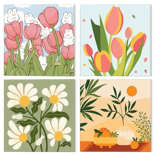 NAIMOER 4 Stück Gerahmt Malen Nach Zahlen Kinde Kit, DIY Blumen Malen Nach Zahlen Kinder Erwachsene,Blumen Malen nach Zahlen Kits Cartoon Malen nach Zahlen Leinwand für Home Decor (8x8in) von NAIMOER