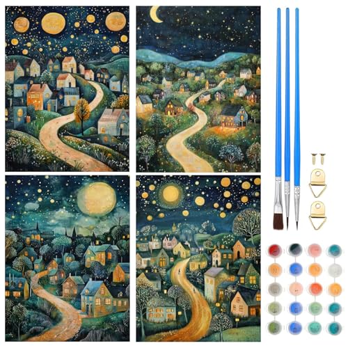 NAIMOER 4 Stück Nachtstadt Malen Nach Zahlen Erwachsene, Malen Nach Zahlen Nacht im Dorf für Kinder mit Pinseln Acrylpigment Paint by Numbers für Anfänger 8x12in NAIMOER 4 Stück Nachtstadt Malen Nach Zahlen Erwachsene, Malen Nach Zahlen Nacht im Dorf für Kinder mit Pinseln Acrylpigment Paint by Numbers für Anfänger 8x12in von NAIMOER