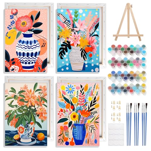 NAIMOER 4 Stück Vase Blumen Malen Nach Zahlen mit Rahmen Erwachsene Kinder, Bunte Blumen Malen Nach Zahlen Rahmen Halter, Acrylpigment Leinwand für Home Décor Geschenke 20x30cm von NAIMOER