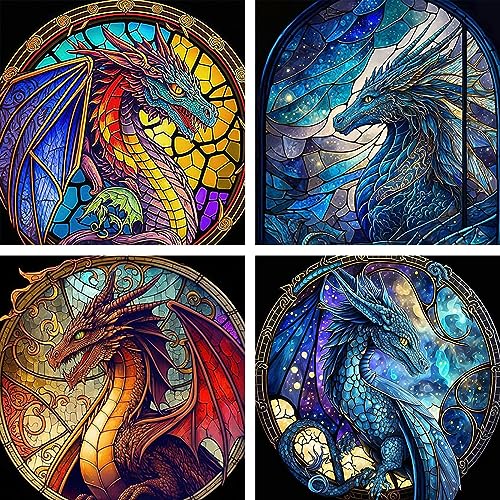 NAIMOER 4Pack Drache Diamond Painting Tiere, Erwachsene Diamant Bilder, 5D Malerei für Home Wand Décor (30x30cm) von NAIMOER