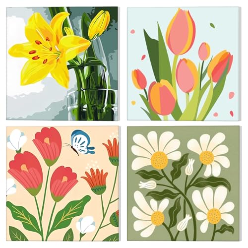 NAIMOER 4Stück Malen Nach Zahlen Erwachsene, Blumen Malen Nach Zahlen Gerahmte für Kinder Alter 8-12 mit Pinseln Acrylpigment für Anfänger 20x20cm (Katzen, Pferde, Elefanten, Giraffen) von NAIMOER