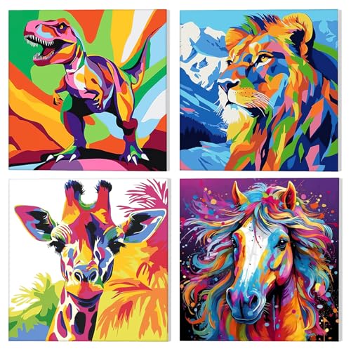 NAIMOER 4Stück Malen Nach Zahlen Erwachsene, Tiere Malen Nach Zahlen Gerahmte für Kinder Alter 8-12 mit Pinseln Acrylpigment für Anfänger 20x20cm (Dinosaurier, Pferde, Giraffen, Tiger) von NAIMOER