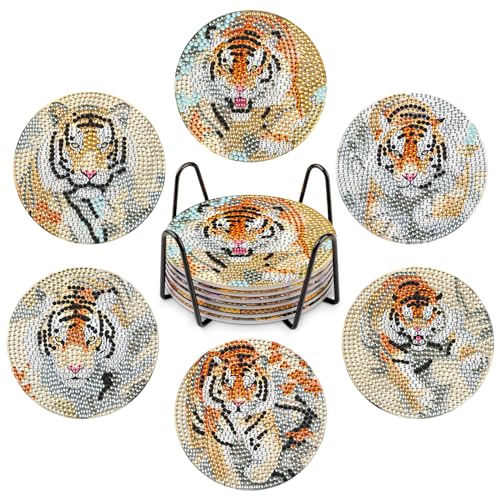 NAIMOER 6Stück Tiger Diamond Painting Untersetzer mit Halter, DIY Tiere Untersetzer, Kaffee Diamant Painting Untersetzer für Erwachsene Kinder, Getränke Untersetzer, 5D Diamant Untersetzer von NAIMOER