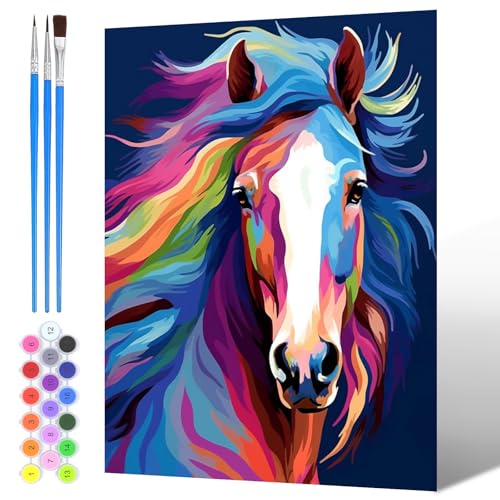 NAIMOER Bunter Pferde Malen Nach Zahlen Erwachsene, Malen Nach Zahlen Tiere für Kinder mit Pinseln Acrylpigment für Anfänger Jungen Mädchen Geschenk Wohndekoration 30x40cm von NAIMOER