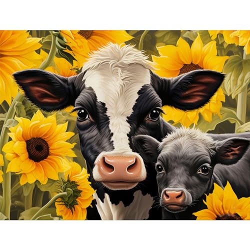 NAIMOER Diamond Painting Kuh, Diamant Painting Erwachsene Sonnenblumen Diamond Painting Erwachsene Bilder Tiere Diamant Painting Kinder 5D Diamant Malerei Stickerei für Home Décor(30x40cm) von NAIMOER