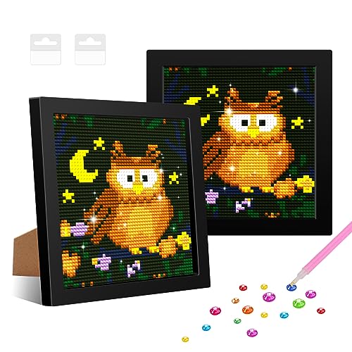 NAIMOER Eule Diamant Painting Kits für Kinder mit Rahmen, Gerahmte Diamant Malerei für Kinder Alter 6-12, 5D Cartoon Tiere Diamond Painting Kinder Mosaik DIY Handwerk für Home Decor 8x8inch von NAIMOER