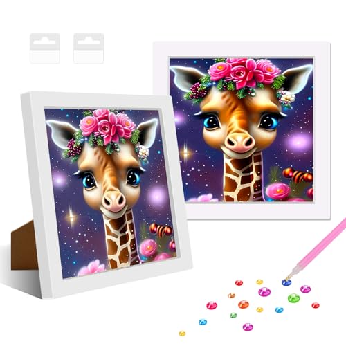 NAIMOER Giraffe Diamant Painting Kits mit Rahmen, Gerahmte Tiere Diamond Malerei für Kinder Erwachsene, 5D Cartoon Diamond Painting Erwachsene Mosaik Handwerk für Home Decor 8x8inch von NAIMOER