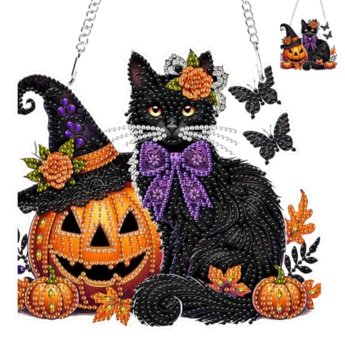 NAIMOER Katze und Kürbis Diamond Painting Anhänger, Diamant Malerei Kinder Erwachsene, Hängende Ornament Bastelset Set für Geschenk Mädchen 7-12Jahre Fensterbilder Wand Dekoration von NAIMOER