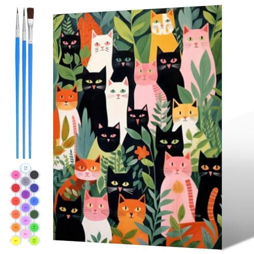 NAIMOER Katzen Garten Malen Nach Zahlen Erwachsene, Malen Nach Zahlen Kitty für Kinder mit Pinseln Acrylpigment für Anfänger Jungen Mädchen Geschenk Wohndekoration 30x40cm von NAIMOER