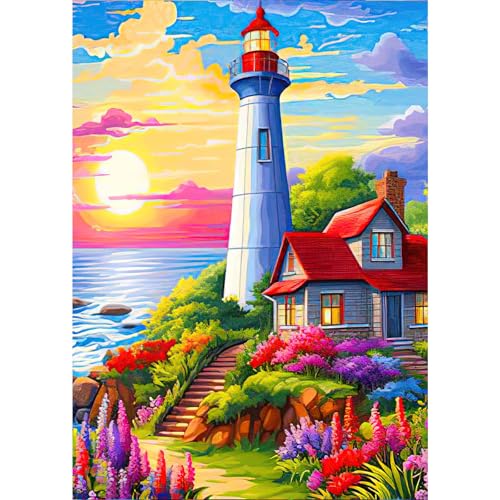 NAIMOER Leuchtturm Diamond Painting Erwachsene, 5D Diamant Painting Bilder Erwachsene Diamond Painting Blumen DIY Diamant Malerei für Home Wand Décor 30x40cm von NAIMOER