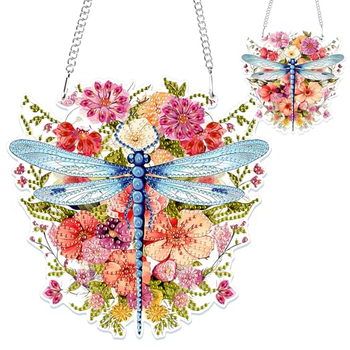 NAIMOER Libellen Diamond Painting Anhänger, Diamant Malerei Blumen Kinder Erwachsene, Hängende Ornament Bastelset Set für Geschenk Mädchen 7-12Jahre Fensterbilder Wand Dekoration von NAIMOER
