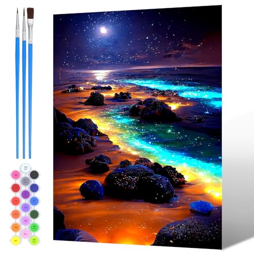 NAIMOER Nachtstrand Malen Nach Zahlen Erwachsene, Malen Nach Zahlen Landschaft für Kinder mit Pinseln Acrylpigment für Anfänger Jungen Mädchen Geschenk Wohndekoration 30x40cm von NAIMOER
