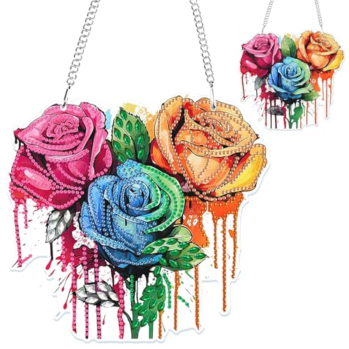 NAIMOER Rose Diamond Painting Anhänger, Diamant Malerei Blumen Kinder Erwachsene, Hängende Ornament Bastelset Set für Geschenk Mädchen 7-12Jahre Fensterbilder Wand Dekoration von NAIMOER