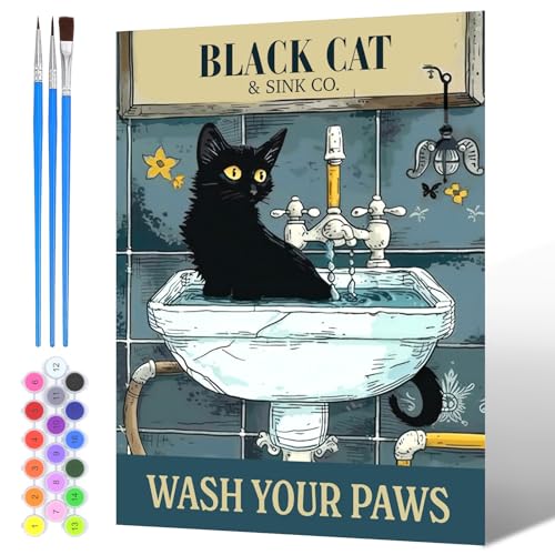 NAIMOER Schwarze Katze Malen Nach Zahlen Erwachsene, Malen Nach Zahlen Wash Your Paws für Kinder mit Pinseln Acrylpigment für Anfänger Jungen Mädchen Geschenk Wohndekoration 30x40cm von NAIMOER
