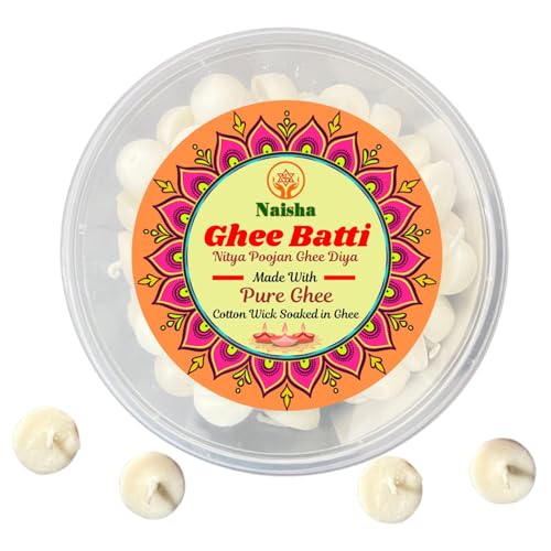 NAISHA 100 Stück Pure Ghee Dochte für Puja, gebrauchsfertige Diya Batti, 30 Minuten Brenndauer, wachsfreie Baumwolldochte, ideal für Pooja, Meditation, Diwali und Einweihungsgeschenk, Docht in Ghee von NAISHA