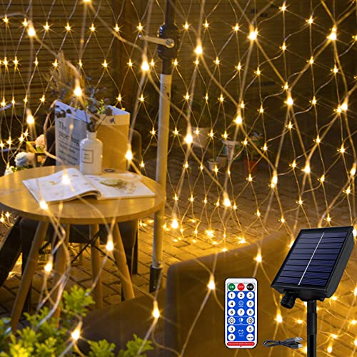 NAIZY Solar Lichternetz Aussen 6x4m 480LEDs Lichterkette Warmweiß Lichterkettennetz mit 8 Leuchtmodi Speicherfunktion & Timer & USB & Dunkelgrüne Lichtlinie Weihnachtsbeleuchtung Außen-Innen von NAIZY