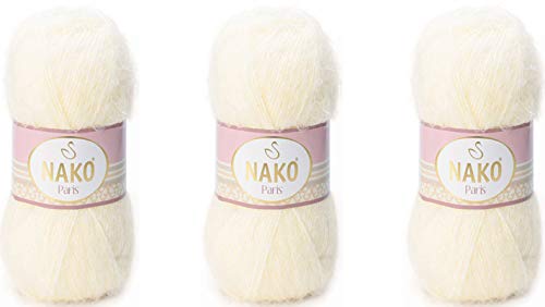 NAKO Paris, cremefarbenes Acryl, 40 % Polyamid, 60 % Garn, 3 Knäuel (je 100 g), 268 m, DK & leichtes Kammgewicht, Herbst, Winter, Frühling, Strickjacke, Pullover, Schal, Baskenmütze Zubehör von NAKO
