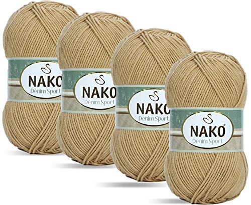 Nako Denim-Sport, Baumwoll-Kinnitting-Garn, Strickseil, Sie können einen Jeans-Look erhalten, (4 Knäuel) jeder Knäuel (100 g), Sie können es in Ihren Amigurumi, dekorativen Zöpfen (Beige 3340) von NAKO