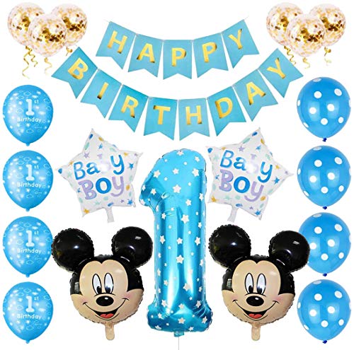 Mickey Luftballons, Mickey 1st Birthday Themed Party Supplies, Mickey Party Mouse Luftballons, Gehören Konfetti, Banner, Nummer 1 Folienballons Motto Birthday Party Dekorationen (Blau) von NALCY