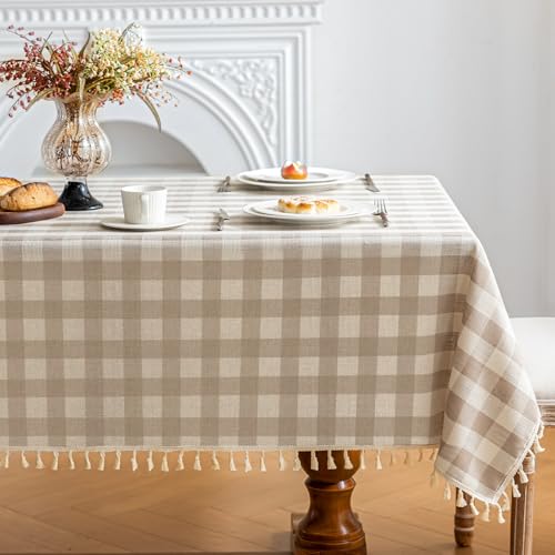 NALVXIN Karierte Tischdecke, rechteckig, Baumwoll-Leinen, Gingham-Tischdecke mit Quaste, waschbar, knitterfrei, strapazierfähig, Büffelkaro, Tischdecke für Essen/Party/Picknick (Beige, 139,7 x 213,4 von NALVXIN
