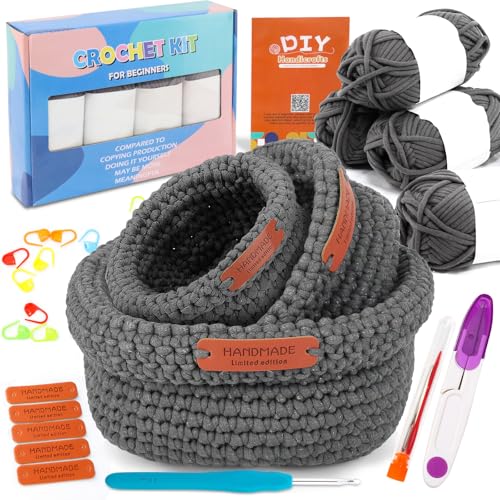 NAMIS Häkelset für Anfänger, Korb Häkeln Set mit Anleitung, Textilgarn zum Häkeln für Körbe, Häkelnadel, DIY Häkeln für Anfänger, Häkel Crochet Set Erwachsene, Häckel Kit von NAMIS
