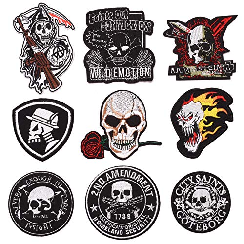 NAMIS Schädel Aufnäher Patches Biker Aufnäher STK Patch Sticker Patches Zum aufbügeln Skull Aufnäher Biker Patch für Frauen,Erwachsene,Kleidung,Jacken,Jeans(9 Stück) von NAMIS