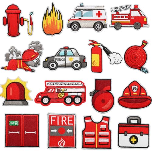 Patches Zum Aufbügeln Jean Patch Sticker zum Aufnähen Bügelbilder Patches Set Sewing Applique für T-Shirt Jeans Kleidung Taschen (16 Feuerwehrauto Aufnäher) von NAMIS
