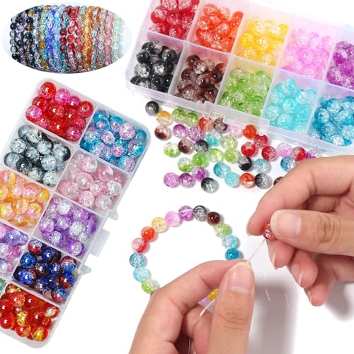 200 Stück 8mm Crackle Glasperlen mit Aufbewahrungsbox, Bunte Armband Bastel Perlen, Runde Glasperlen für Schmuckherstellung und DIY Handwerk Dekor (10 Farben) von NAMIX