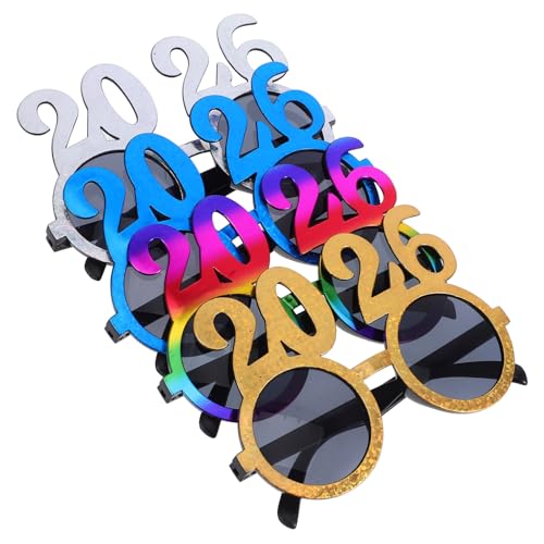 NAMOARLY 4 Stück Silikonbrillen Robuste Happy Year Partybrillen Bunte Bequeme Sonnenbrillen für Silvester und Abschlussfeiern Festliche Fotorequisiten Langlebige Neujahrs Dekoration von NAMOARLY
