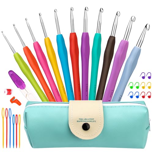 Häkelnadeln, 11 Größen, Häkelnadel-Set, 32 Stück, Garn-Häkelset für Anfänger, Stricknadeln mit ergonomischen Griffen für arthritische Hände, Häkelnadel-Set (2 mm - 7 mm) mit Etui für Häkeln von NAMOON