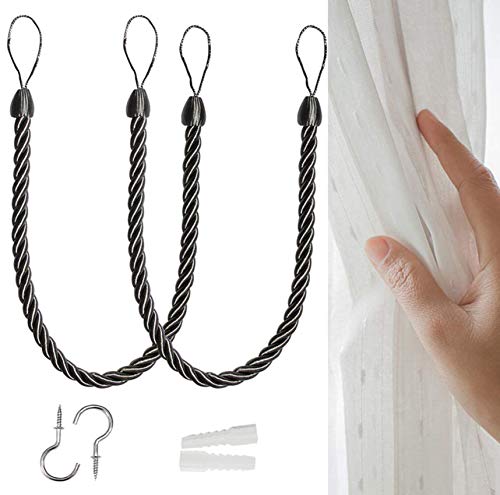 Curtain Rope Buckle, Geflochtene Vorhang Raffhalter, Künstlerische Raumdekoration, Natürliche Strick-Baumwolle, Raffhalter für Durchsichtige und Verdunkelnde Vorhänge, Baumwollseil, Schwarz, 1 Paar von NANAOUS