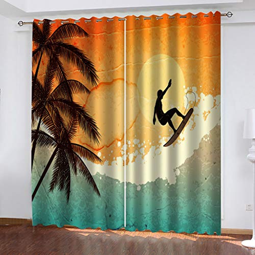 Gardinen Wohnzimmer Kinderzimmer Verdunkelungsvorhang 3D Sonnenuntergang Beim Surfen Im Meer Druck Vorhänge Blickdicht Schlafzimmer Thermovorhang Mit Ösen, 2Er Set Fensterdekoration 140X110Cm (HxB) von NANRUI Global Shopping